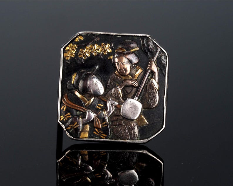 Spilla Meiji Shakudo, decorazione per ragazze Geisha, spilla antica rara immagine 1