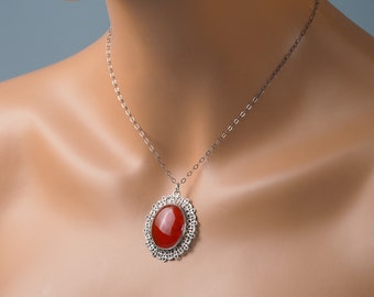 Carnelian necklace, silver necklace, Cornelian pendant, vintage necklace, red agate pendant, layering necklace, silver gift for her