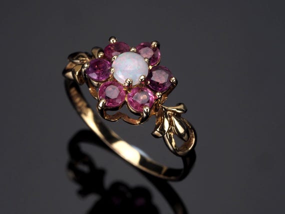 Opal and Ruby 9ct gold ring; solid gold cocktail … - image 3