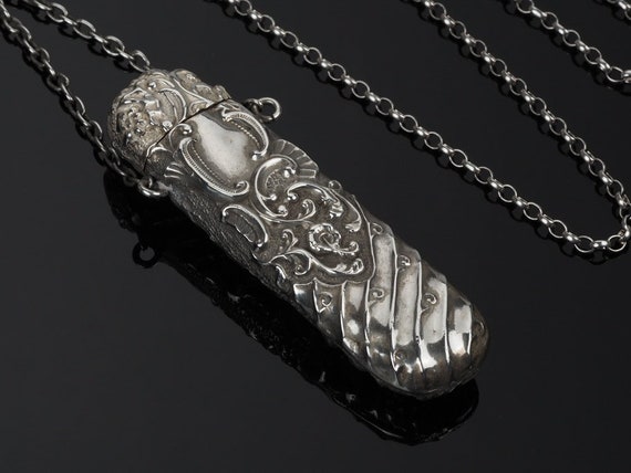 Antique locket necklace, silver sewing etui, Vict… - image 1