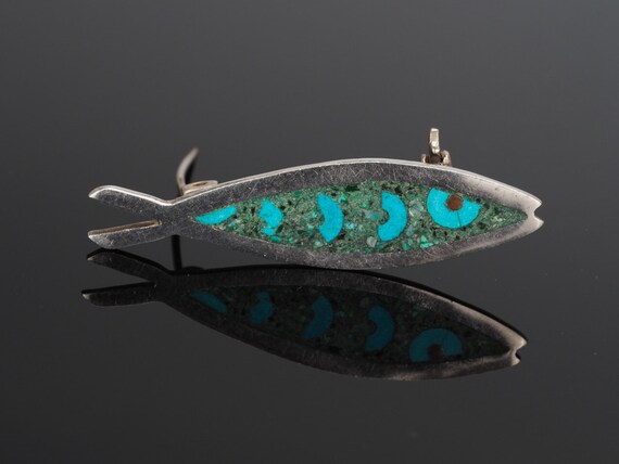 Vintage silver fish brooch, fish pin, Turquoise br