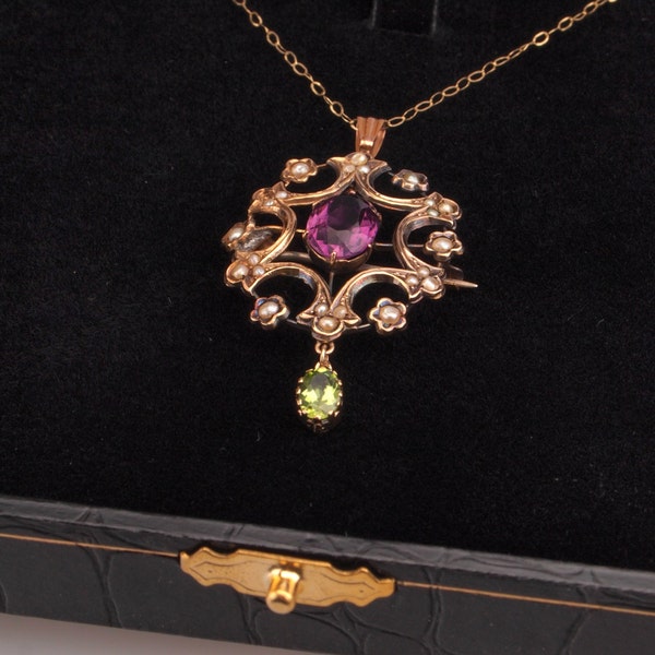 Suffragette Pendant Brooch Necklace Gold, Peridot, Pearl, Amethyst