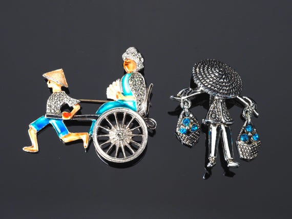 Oriental brooch, China man pulling girl on rickshaw, Chinese water carrier pin, figural brooch, enamel brooch, marcasite brooch, novelty pin