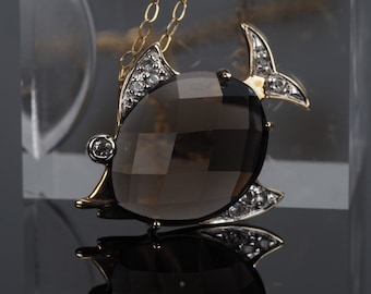 Gold fish necklace pendant, diamond necklace, smoky smokey faceted quartz gemstone pendant necklace, animal gemstone, novelty jewellery gift