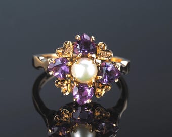 Vintage 9k Gold Amethyst Pearl Ring, Heart Gemstone Cocktail Ring, Size US 6