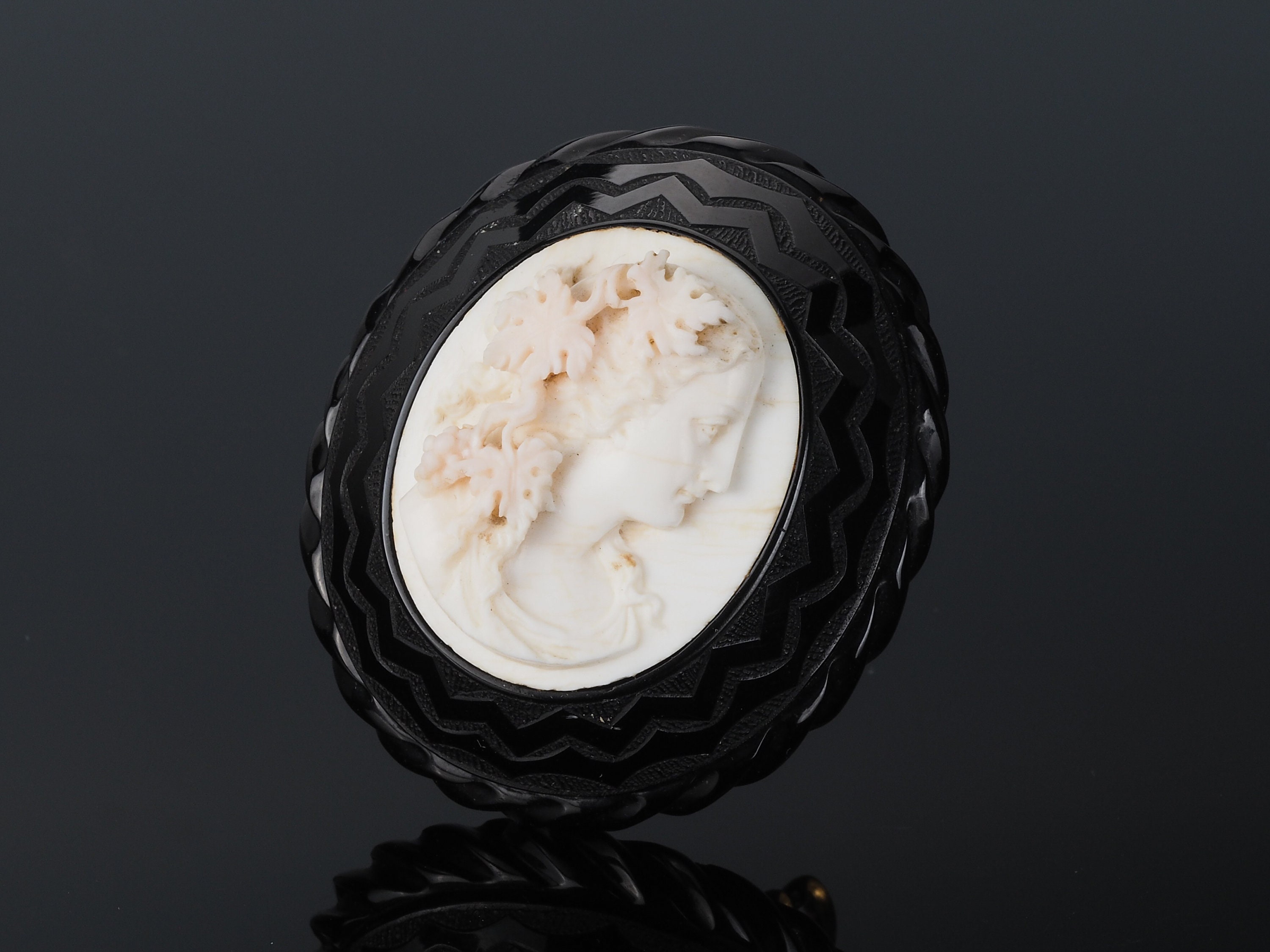 Antique Angel Skin Pink Coral Cameo Brooch With Whitby Jet, Large