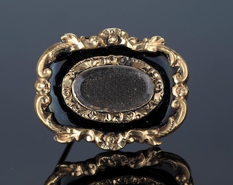 Victorian Mourning brooch; gold filled with hair locket and Black Enamel
