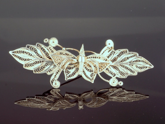 Butterfly Filigree Pin, Vintage Silver Brooch, Bug
