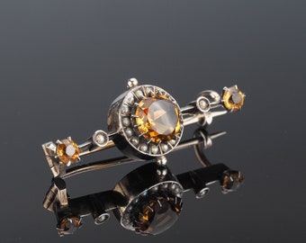 Victorian pearl brooch, antique brooch pin, antique seed pearls paste Citrine brooch, Edwardian brooch, vintage silver brooch, bar brooch,