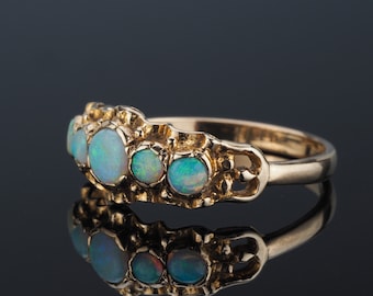 Vintage Opal gold ring, 5 stone Opal ring, antique style ring, Victorian style ring, ring with Opals on gold band, October Birthstone