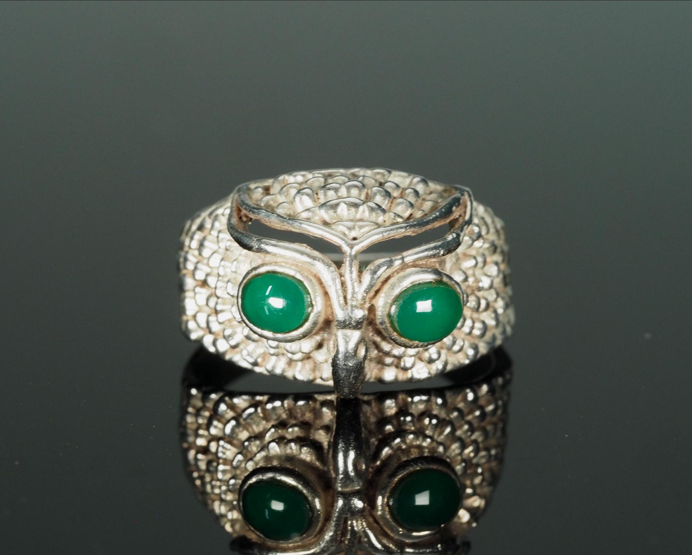Ambigram Reversible Fish Owl Ring; silver and green eyes