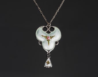 Art nouveau antique guilloche enamel lavalier necklace, Arts & Crafts jewellery, white enamelling guilloche and floral detail, silver chain