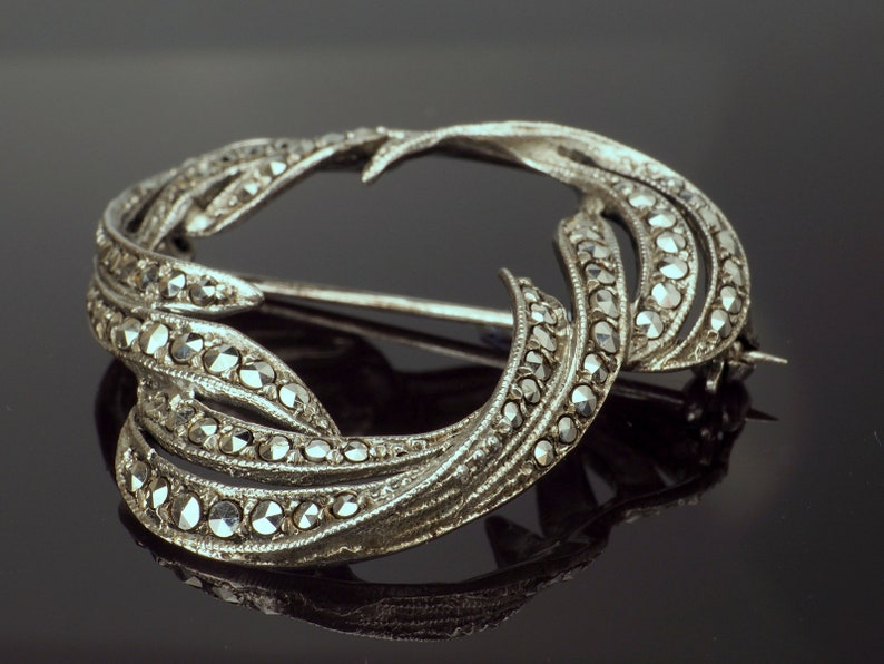 Stylised Silver Feather Pin Retro Pins 800 Silver 1940s Jewelry to 1950s Jewelry UK Marcasite Pins Marcasite Brooch Marcasite Jewelry