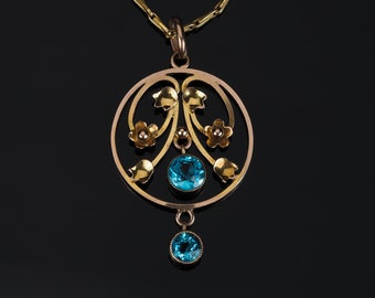 Antique gold lavaliere lavalier pendant long necklace, Victorian jewellery, Edwardian Art Nouveau faux blue spinel layering necklace gift