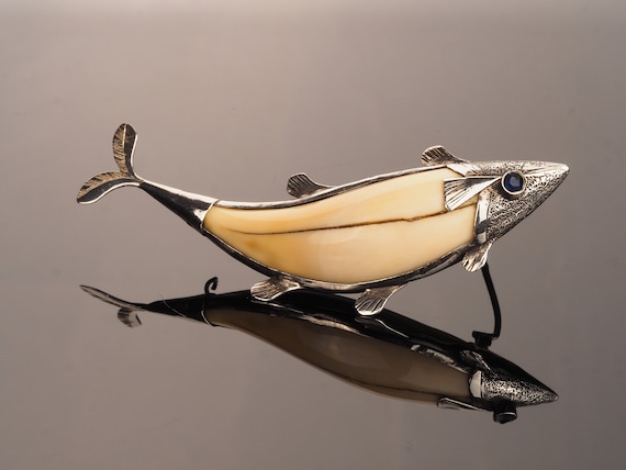 Antique Silver Fish Pin Brooch, Antique Horn Brooc