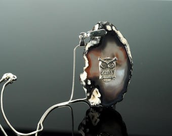 Agate slice pendant 925 silver necklace with Owl decoration