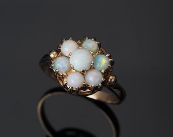 Vintage Opal solid gold ring, Opal gemstone flower cluster ring, October birthstone jewellery, 34th wedding anniversary gift for her