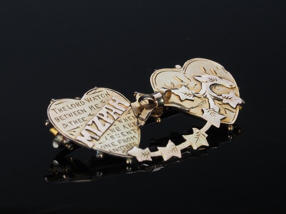 Wedding day Mizpah gold brooch, double heart Wedd… - image 3