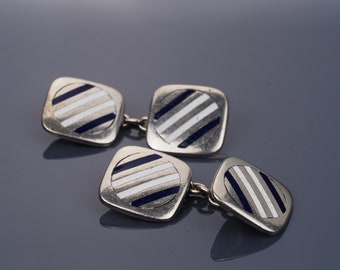 Vintage sterling silver enamel cufflinks with blue and white enamel stripes, best man silver cuff links, vintage cufflinks, gift for him