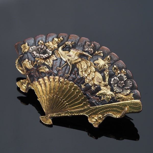 Japanese Shakudo fan brooch pin, antique Meiji period crane bird floral scene gold on copper jewellery from Japan, Japanese art bird gifts