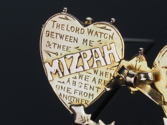 Wedding day Mizpah gold brooch, double heart Wedd… - image 4