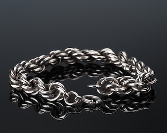 Vintage silver bracelet, double rope twist chain bracelet, mens large size chunky bracelet, lightweight bracelet, French silver chain