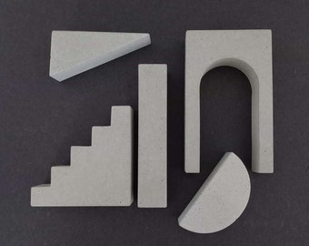 Concrete Still of 5 shapes, arch triangle stairs circle rectangle architectural photo prop blocks, jewellery retail display styling set no07