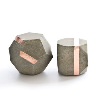 Geometric Concrete Copper Decor Sculptures, dodecahedron, truncated hexahedron, set of 2, paperweight, beton bookend image 1