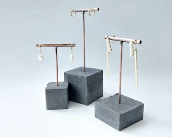 Stud Earring Stand, dark concrete rectangle cube T bar black silver brush or aged copper retail display, jewellery holder, photo prop