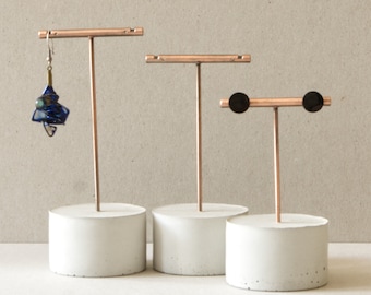 Geometric Concrete Stud Earring Stand, copper, silver black or white T-bar jewellery holder, retail display, earring organiser, photo prop