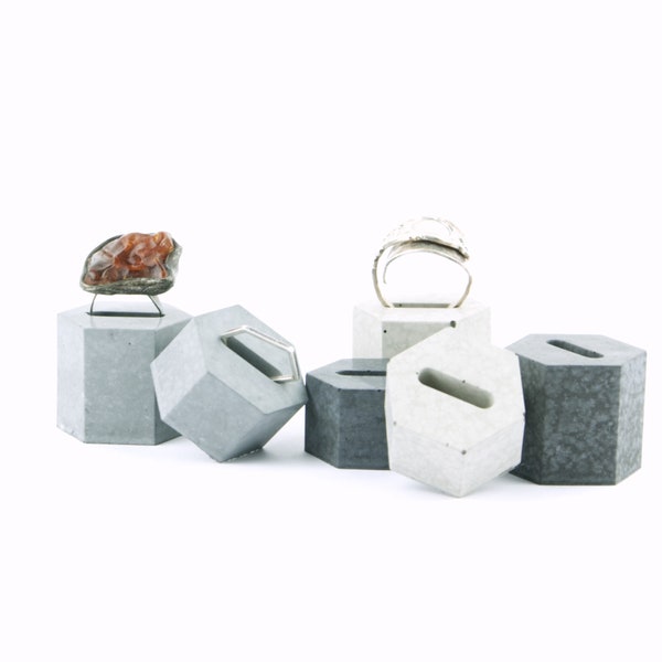 Hexagon Upright Ring Stand Set of 2, geometric jewellery retail display, concrete ring stand