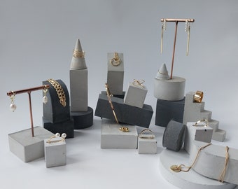 Jewellery display set H03, 21 stackable plinths, risers, photo props, retail styling blocks, concrete backdrop, geometric retail stands