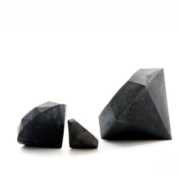 Concrete Diamond Sculpture, Paperweight, Minimal Still Set of 3, black dark grey diamonds, cement home office decor, gift set