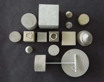 Unique Concrete Photo Props, geometric stackable jewellery retail blocks, set of 15 prisms No147, pale grey and beige display stands