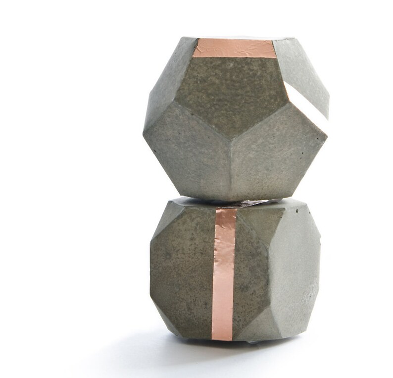 Geometric Concrete Copper Decor Sculptures, dodecahedron, truncated hexahedron, set of 2, paperweight, beton bookend image 2