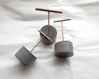 Dark Concrete Stud Earring Stand, dark concrete cylinder with T bar black silver brush, white or aged copper,  jewellery holder, photo prop