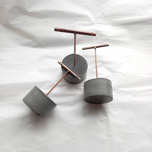 Dark Concrete Stud Earring Stand, dark concrete cylinder with T bar black silver brush, white or aged copper,  jewellery holder, photo prop