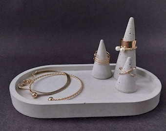 Trinket Ring Cone Jewellery Display Organiser Dish, concrete tray, tall cones, photography props, jewelry retail stand, gift idea