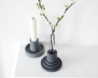 Concrete candle holder and test tube plant propagation, cut or dried flower vase, pale dark grey, minimal geometric all year home styling