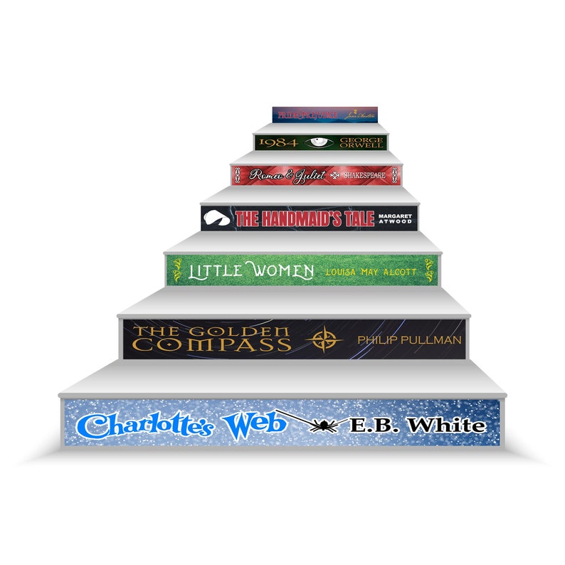 May include: A staircase display featuring seven book spines: Pride and Prejudice, 1984, Romeo and Juliet, The Handmaid's Tale, Little Women, The Golden Compass, and Charlotte's Web, each with distinct colors, typography, and author names.