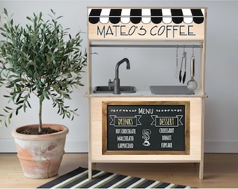 Personalized Coffee Shop Decal Set for IKEA DUKTIG | Custom Play Kitchen Decal | Kids Coffee Stand, Name Sticker, **Furniture NOT Included**
