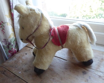 Vintage stuffed pony toy glass eyes bridle saddle