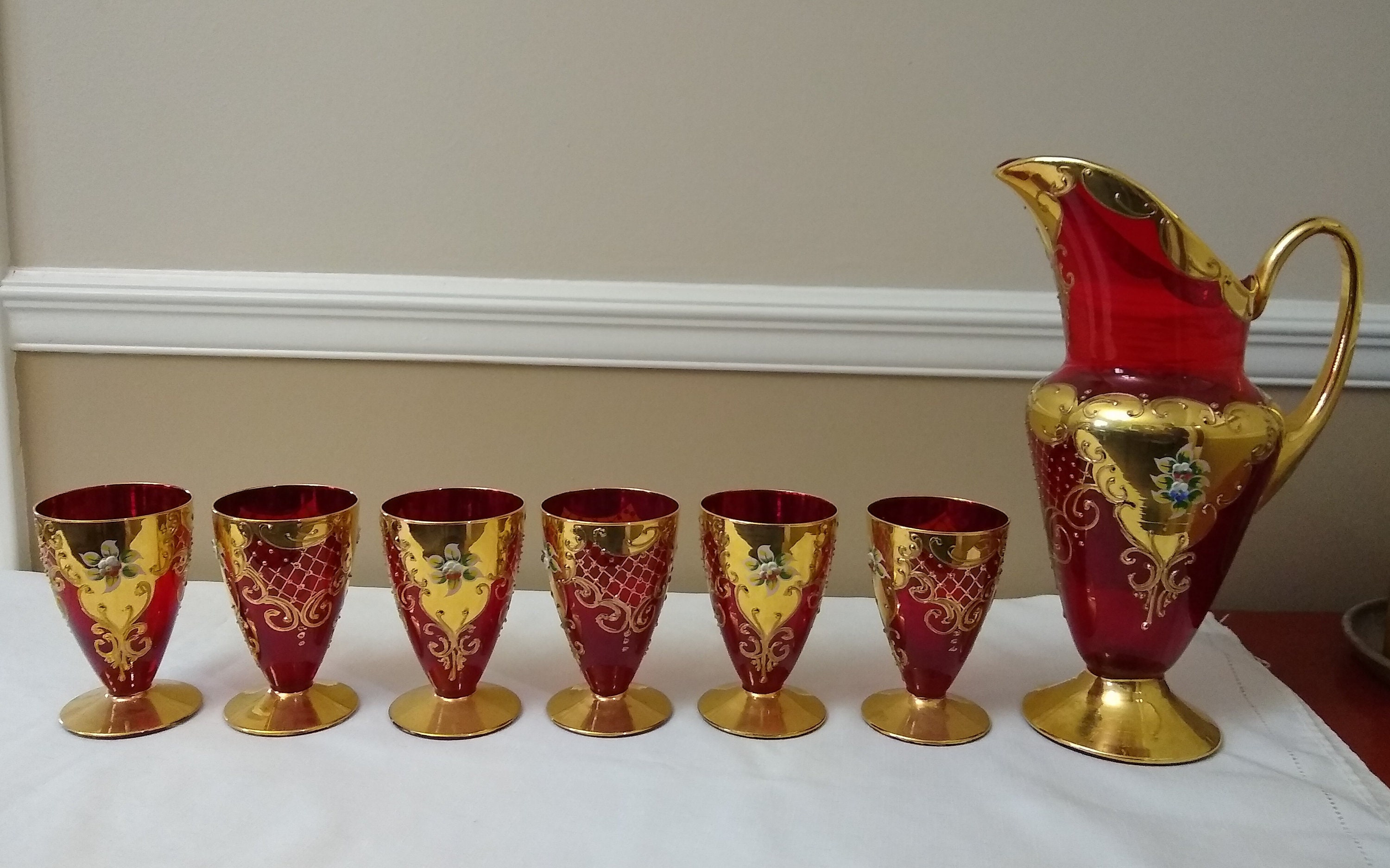 New Sale Price MURANO GLASS SET, Red With 24K Gold and Hand Painted
