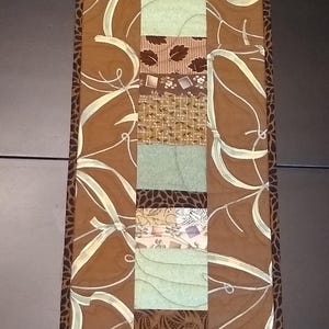 NARROW QUILTED Table RUNNER, Traditional, Patchwork, Brown, Green, Leaves, Squares, Stripes