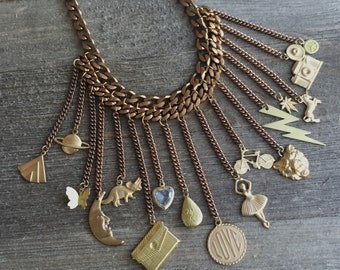 Brass Charm Collection Necklace - Chunky Curb Chain - Raw Brass Charms - Vintage Assemblage Jewelry - Unique Gifts for Her