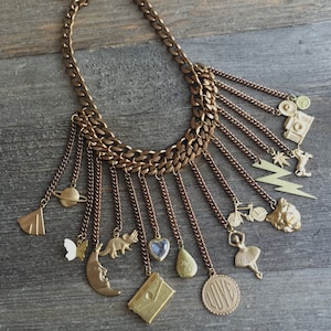 Brass Charm Collection Necklace - Chunky Curb Chain - Raw Brass Charms - Vintage Assemblage Jewelry - Unique Gifts for Her