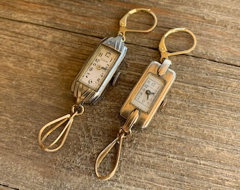 Vintage Repurposed Watch Parts Earrings - Brass Steampunk Charm Dangle Leverback Earring Pair