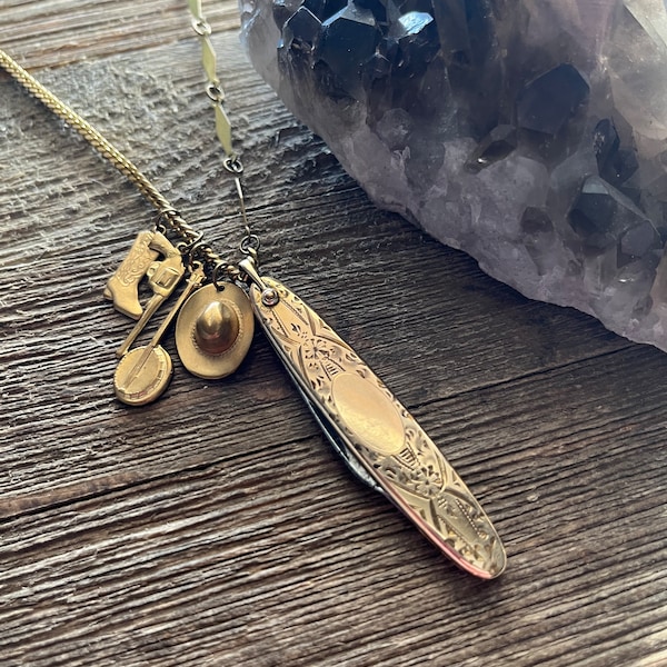 Cowgirl Western Brass Charm Gold Pocket Knife Necklace - Unique Gifts for Women - Vintage Antique Jewelry - Rustic Cowboy Handcrafted Boho