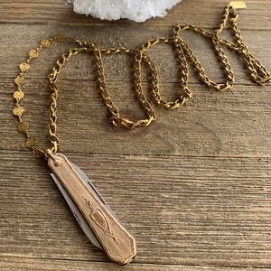 Vintage Pocket Knife Necklace Brass Sparkle Chain for Women - Gifts for Her - Unique Art Deco Statement Necklace