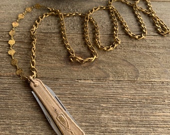Vintage Pocket Knife Necklace Brass Sparkle Chain for Women - Gifts for Her - Unique Art Deco Statement Necklace
